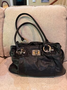 b. makowsky Black Leather Shoulder Satchel with Gold-Tone Hardware